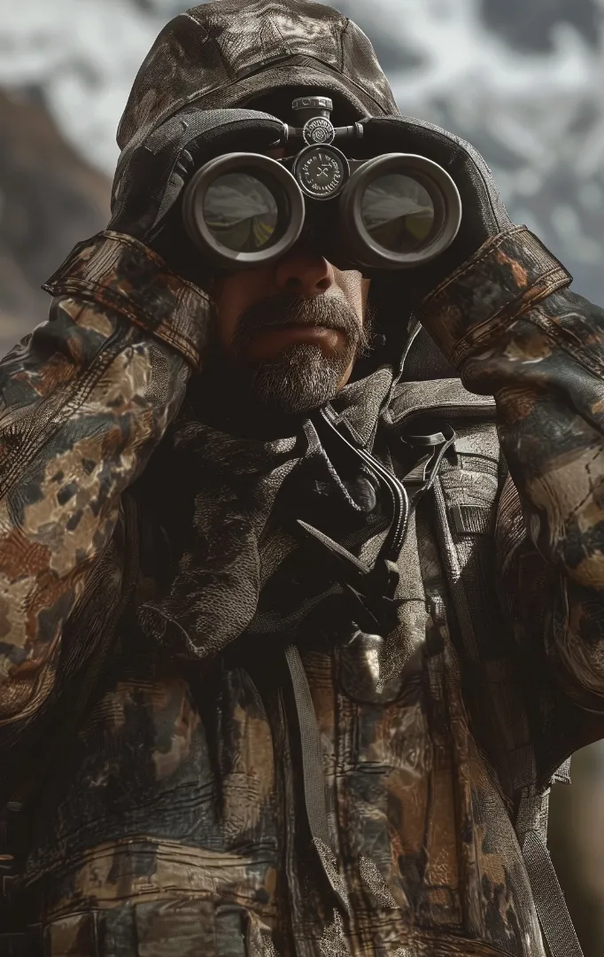 A hunter wearing camouflage gear looks through binoculars in a mountainous terrain, focusing intently on the distance. The snowy peaks are blurred in the background.